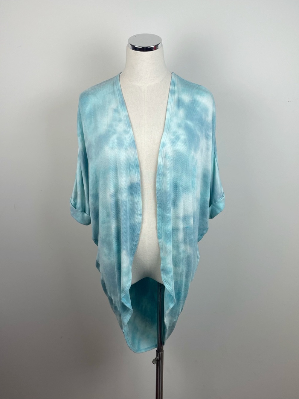 Almost Pink Blue White Tie Dye Bohemian Open Front Draped Cardigan Top
